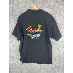 Tommy Bahama Shirt Mens Large Silk Camp Embroidered Button Up Bogey Stogie Black